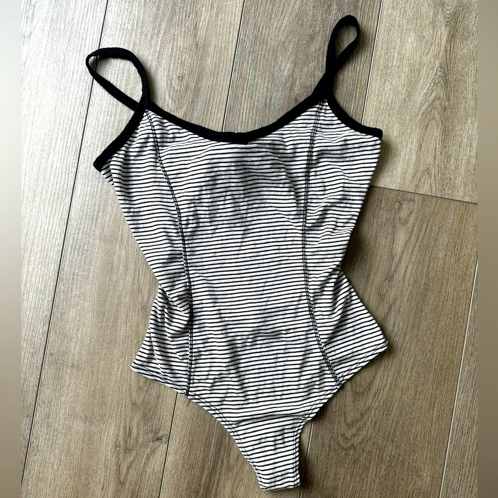 Black and white striped thong bodysuit